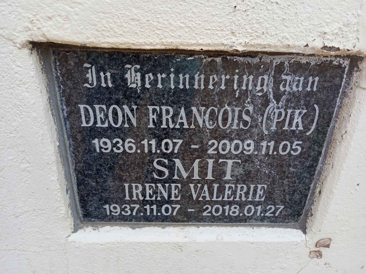 SMIT Deon Francois 1936-2009 &amp; Irene Valerie 1937-2018