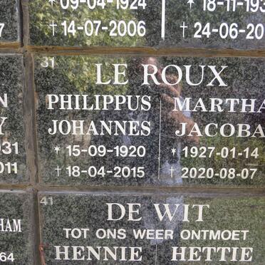 ROUX Philippus Johannes, le 1920-2015 &amp; Martha Jacoba 1927-2020