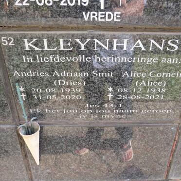 KLEYNHANS Andries Adriaan Smit 1939-2020 &amp; Alice Cornelia 1938-2021
