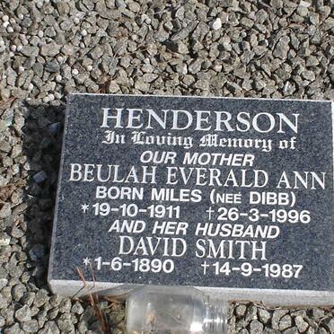 HENDERSON David Smith 1890-1987 &amp; Beulah Everald Ann previously DIBB born MILES 1911-1996