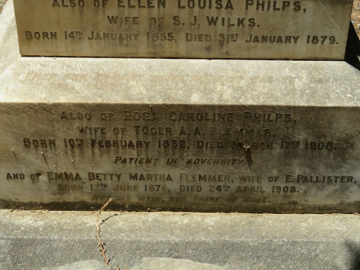 FLEMMER Rose Caroline Philps 1852-1908 :: WILKS Ellen Louisa Philps -1879 :: PALLISTER Emma Betty Martha nee FLEMMER 1876-1908