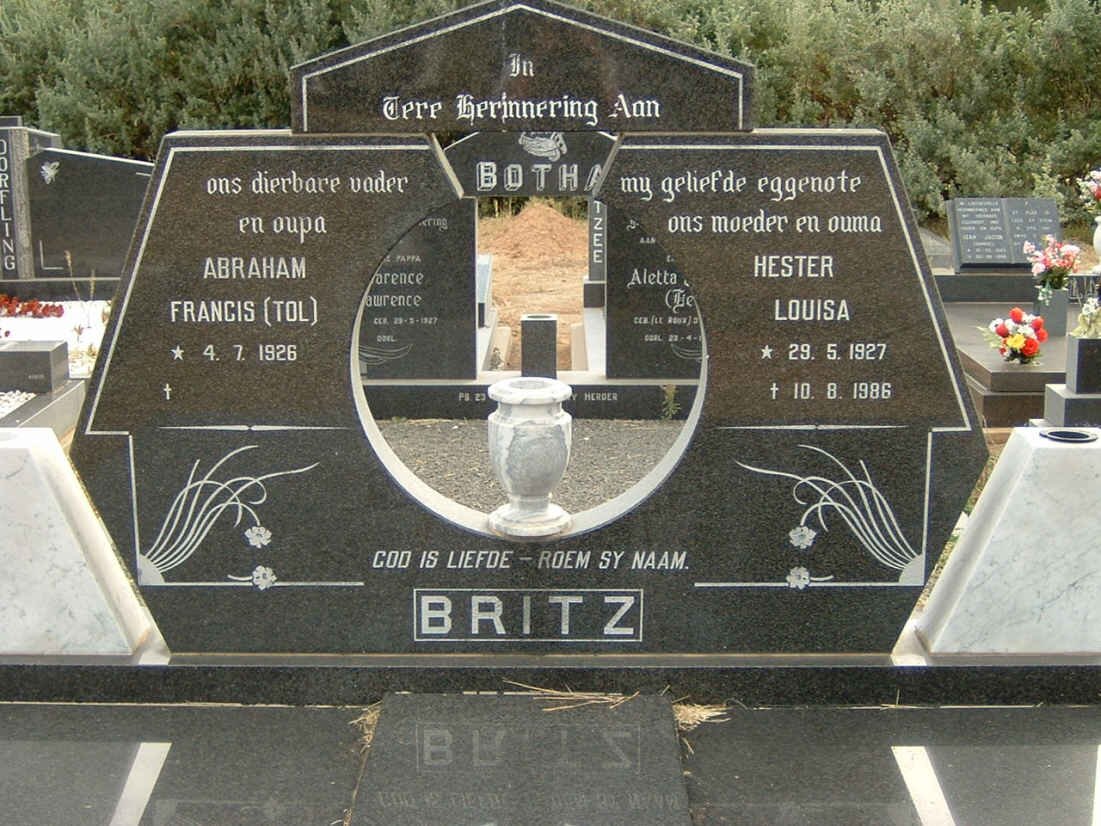 BRITZ Abraham Francis 1926- &amp; Hester Louisa 1927-1986