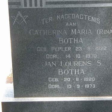 BOTHA Jan Lourens S. 1920-1973 &amp; Catherina Maria PEPLER 1922-1970