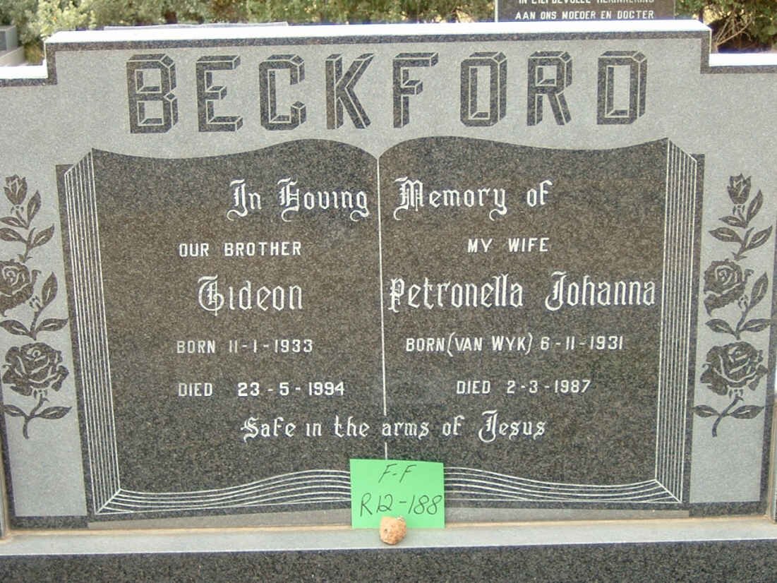 BECKFORD Gideon 1933-1994 &amp; Petronella Johanna VAN WYK 1931-1987
