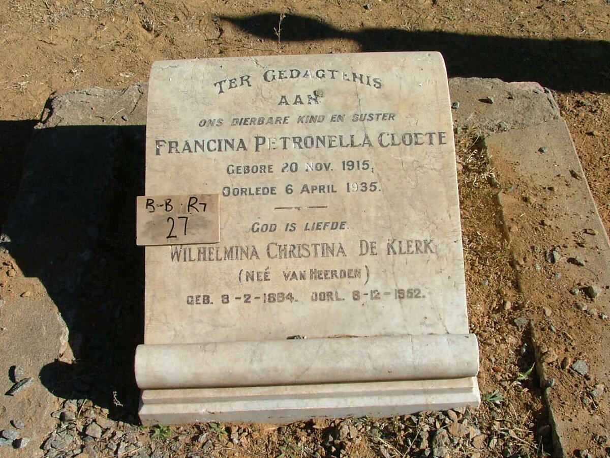 CLOETE Francina Petronella 1915-1935 :: DE KLERK Wilhelmina Christina nee VAN HEERDEN 1884-1952