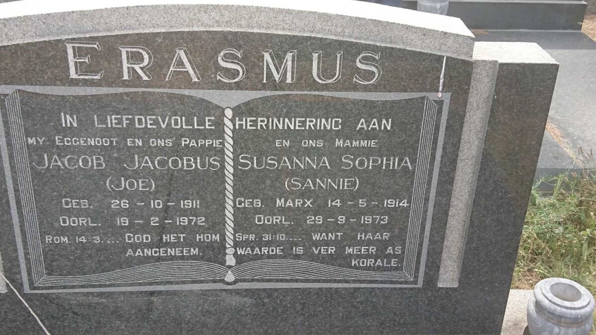 ERASMUS Jacob Jacobus 1911-1972 &amp; Susanna Sophia MARX 1914-1973