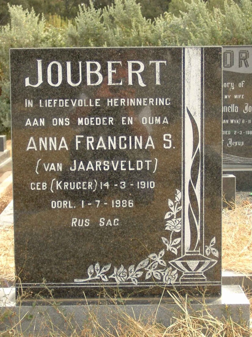 JOUBERT Anna Francina S. voorheen VAN JAARSVELDT nee KRUGER 1910-1986