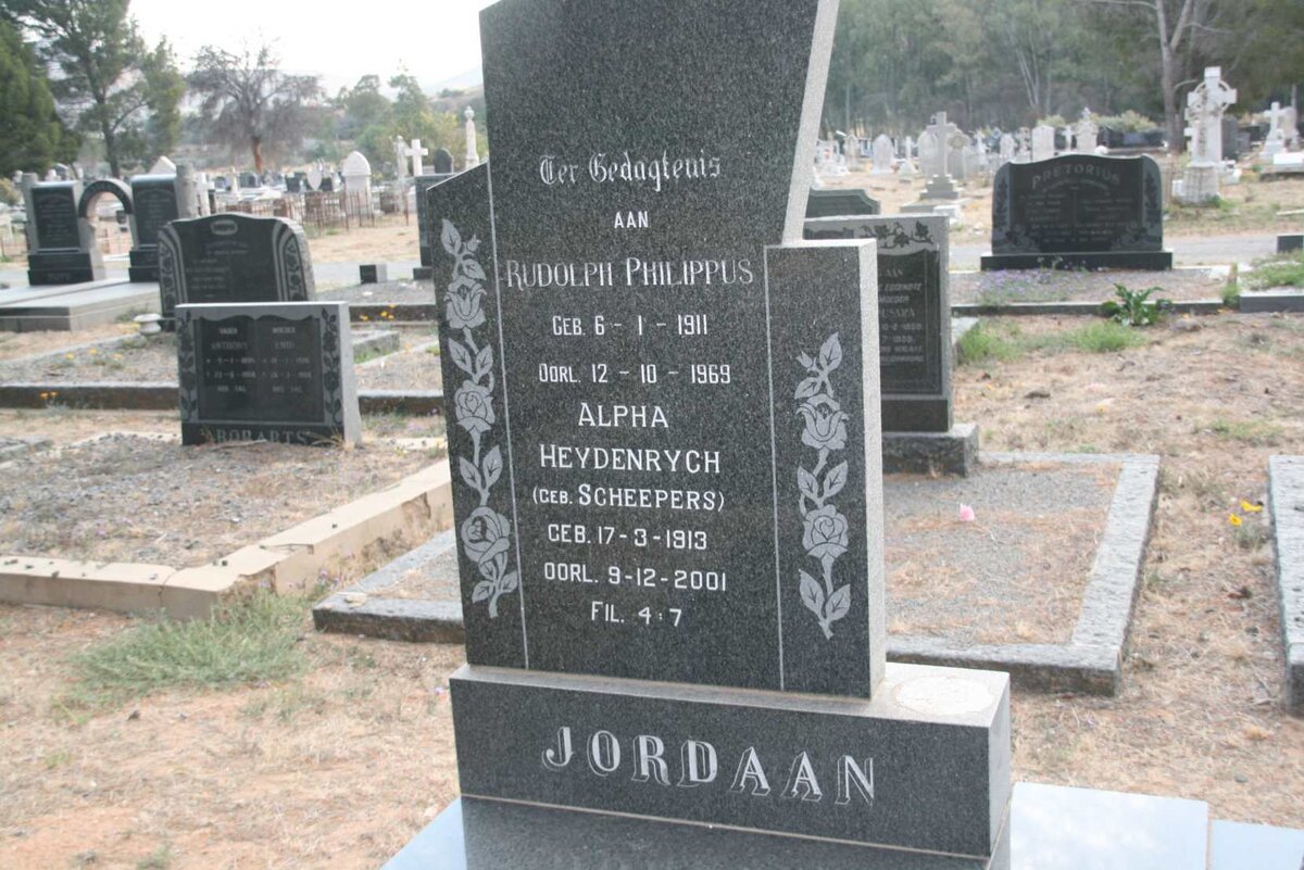 JORDAAN Rudolph Philippus 1911-1969 &amp; Alpha HEYDENRYCH nee SCHEEPERS 1913-2001