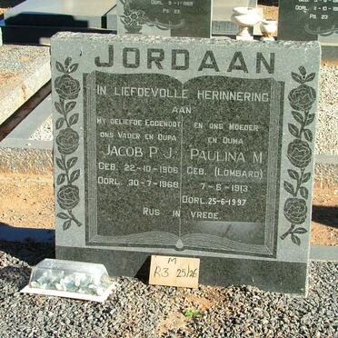 JORDAAN Jacob P.J. 1906-1968 &amp; Paulina M. LOMBARD 1913-1997