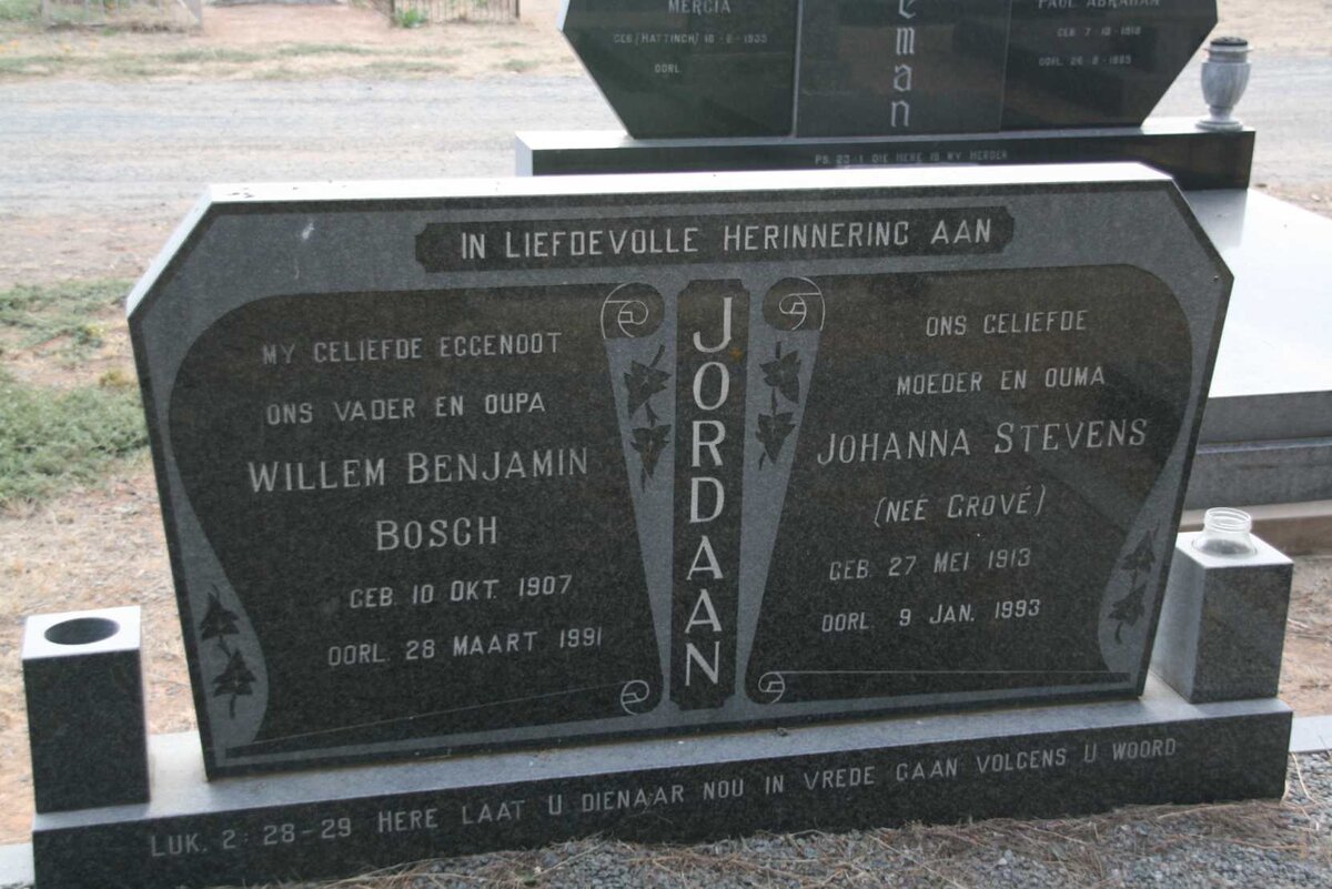 JORDAAN Willem Benjamin Bosch 1907-1991 & Johanna Stevens GROVE 1913-1993