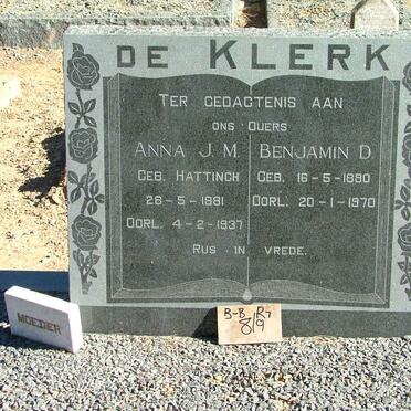 KLERK Benjamin D., de 1880-1970  &amp; Anna J.M. HATTINGH 1881-1937