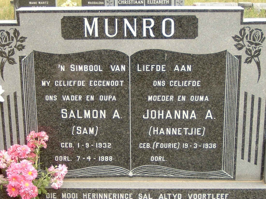 MUNRO Salmon A. 1932-1988 &amp; Johanna A. FOURIE 1936