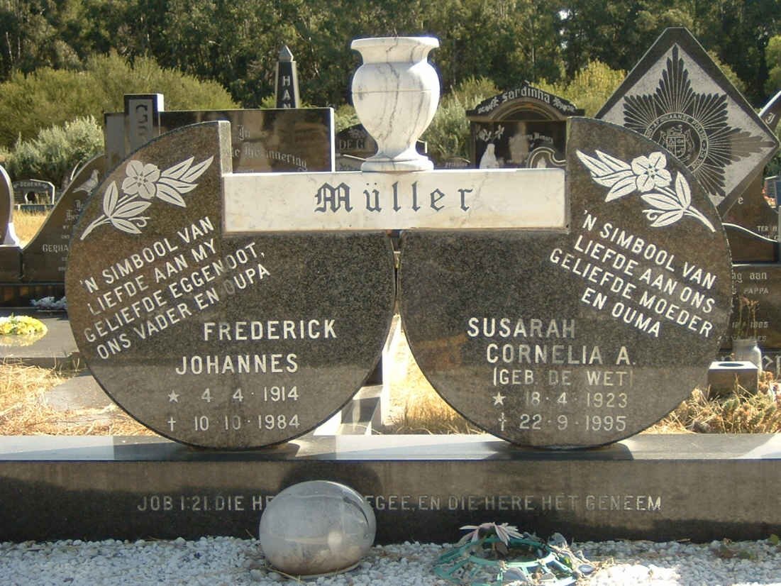 MÜLLER Frederick Johannes 1914-1984 &amp; Susarah Cornelia A. DE WET 1923-1995