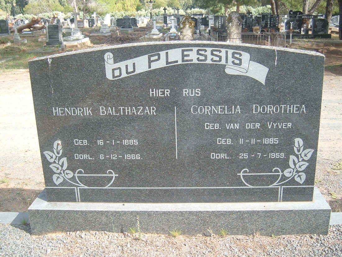 PLESSIS Hendrik Balthazer, du 1885-1966 &amp; Cornelia Dorothea VAN DER VYVER 1885-1959