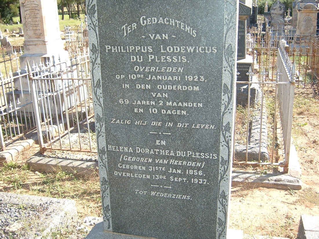 PLESSIS Philippus Lodewicus, du -1923 &amp; Helena Dorathea VAN HEERDEN 1856-1937