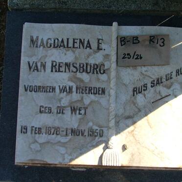 RENSBURG Magdalena E., van voorheen VAN HEERDEN nee DE WET 1878-1950