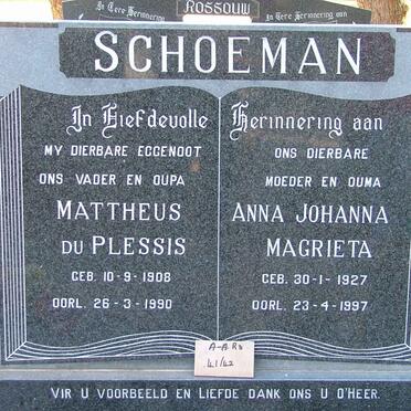 SCHOEMAN Mattheus du Plessis 1908-1990 &amp; Anna Johanna Magrieta 1927-1997