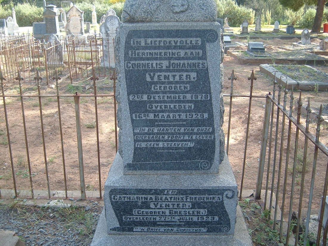 VENTER Cornelis Johannes 1878-1928 &amp; Catharina Beatrix Frederika BRESLER -1929