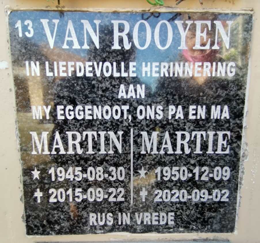 ROOYEN Martin, van 1945-2015 &amp; Martie 1950-2020