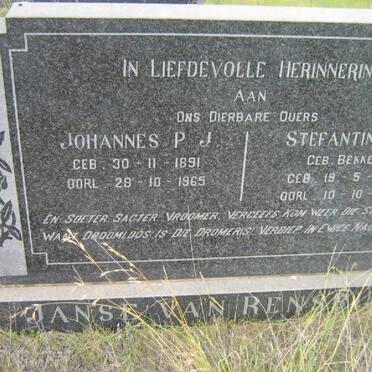 RENSBURG Johannes P.J., Janse van 1891-1965 &amp; Stefantina P. BEKKER 1906-1966.