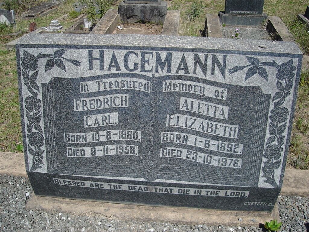 HAGEMANN Friedrich Carl 1880-1956 &amp; Aletta Elizabeth 1892-1976