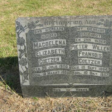 COETZER Pieter Willem Fransois 1894-1957 &amp; Magdelena Elizabeth 1900-1989