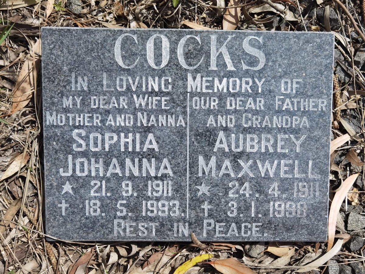 COCKS Aubrey Maxwell 1911-1998 & Sophia Johanna 1911-1993