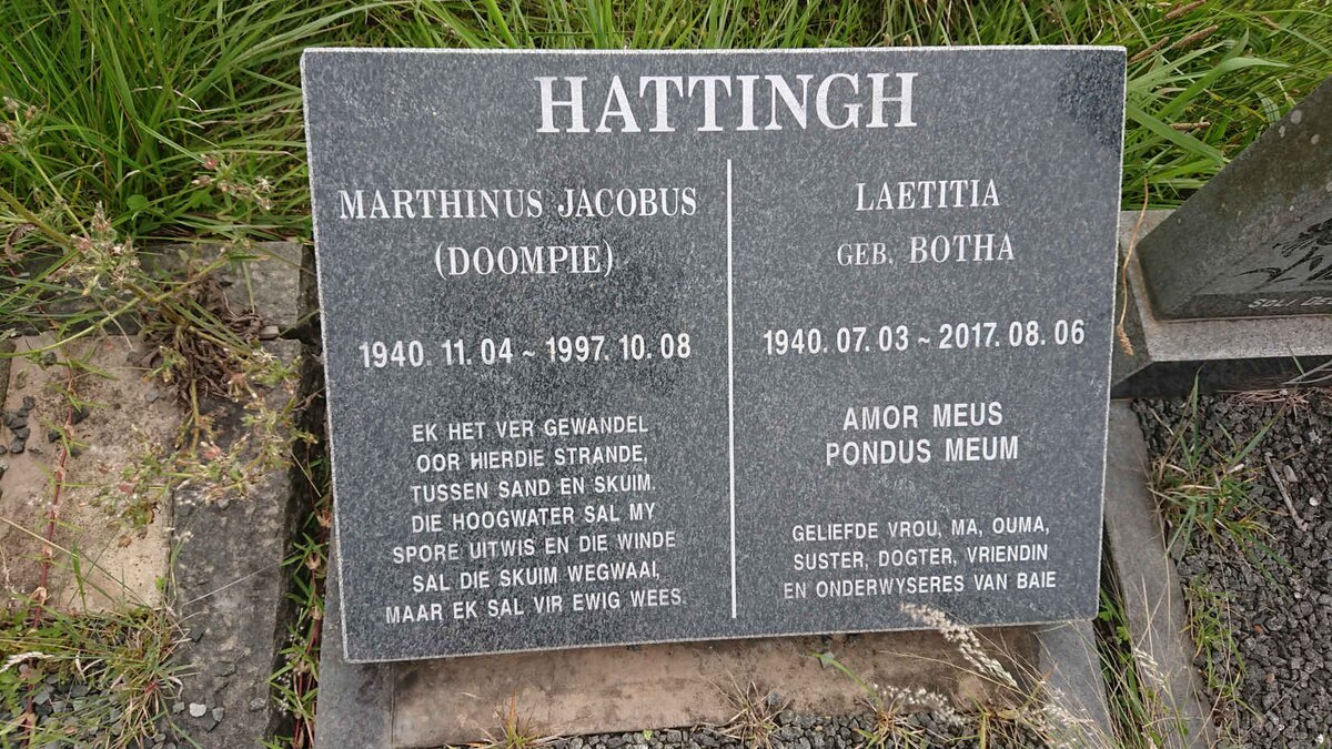 HATTINGH Marthinus Jacobus 1940-1997 &amp; Laetitia BOTHA 1940-2017