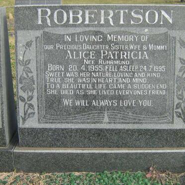 ROBERTSON Alice Patricia nee RUHRMUND 1955-1995