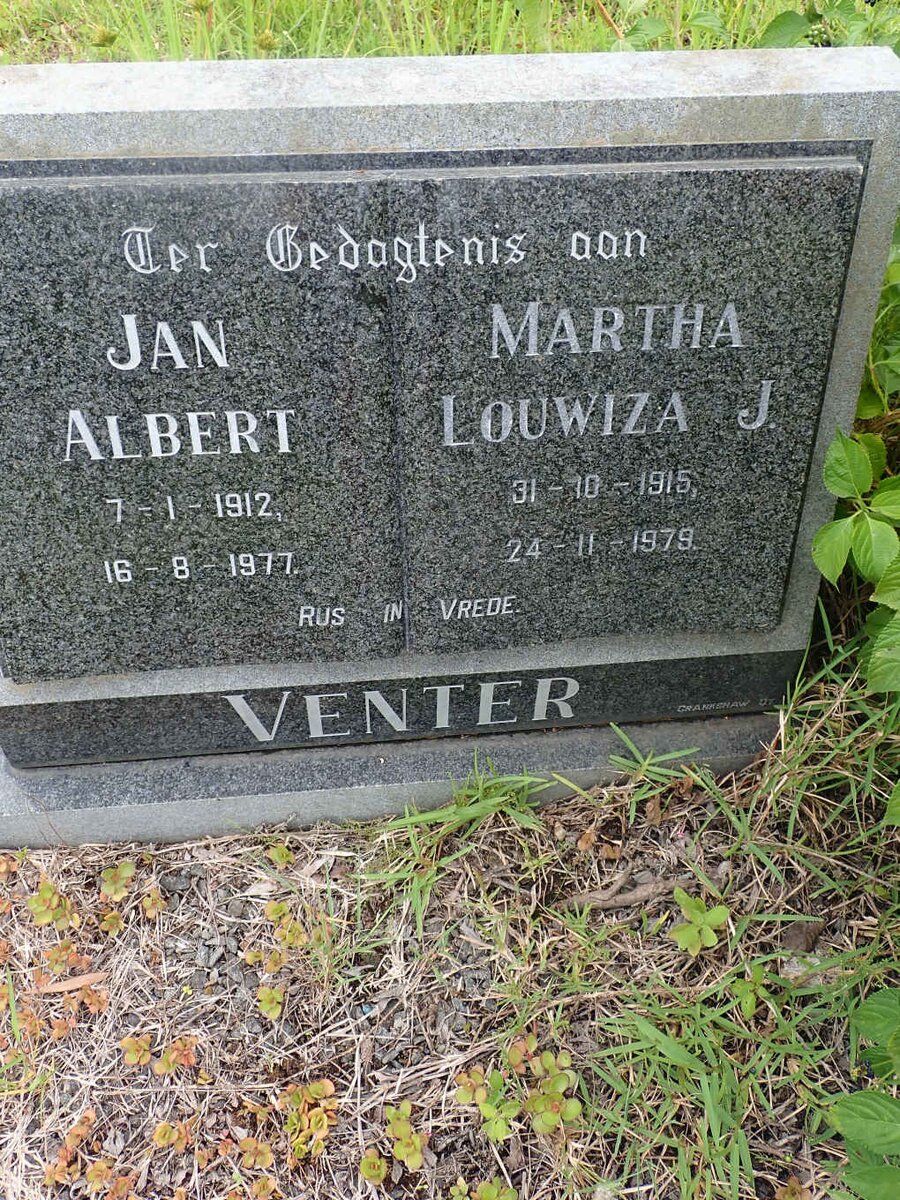VENTER Jan Albert 1912-1977 &amp; Martha Louwiza J. 1915-1979