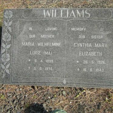 WILLIAMS Maria Wilhelmine Louise 1899-1975 &amp; Cynthia Mary Elizabeth 1926-1943