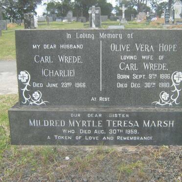 WREDE Carl -1966 &amp; Olive Vera Hope 1886-1980 ::  MARSH Mildred Myrtle  Teresa -1959