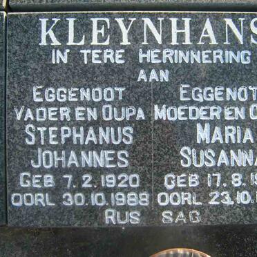 KLEYNHANS Stephanus Johannes 1920-1988 &amp; Maria Susanna 1923-1993