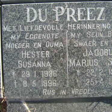 PREEZ Jacobus Marius Sean, du 1966-1998 &amp; Hester Susanna 1936-1996