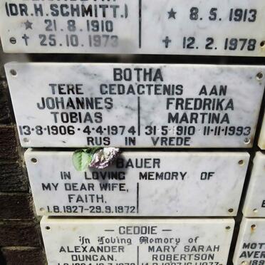 BOTHA Johannes Tobias 1906-1974 &amp; Fredrika Martina 1910-1993