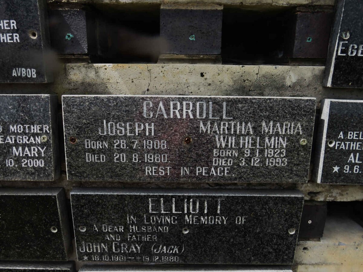 CARROLL Joseph 1908-1980 &amp; Martha Maria Wilhelmin 1923-1993