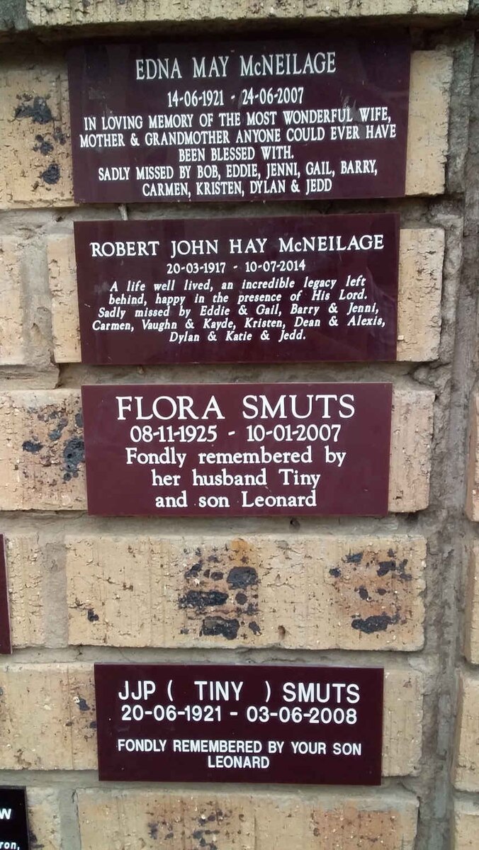 McNEILAGE Robert John Hay 1917-2014 &amp; Edna May 1921-2007 :: SMUTS J.J.P. 1921-2008 &amp; Flora 1925-2007
