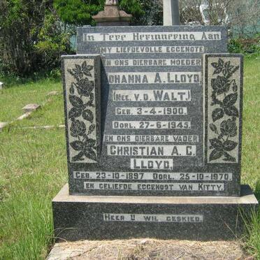 LLOYD Christian A.C. 1897-1970 &amp; Johanna A. V.D. WALT 1900-1945 