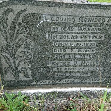 PETZER Nicholas 1899-1949 &amp; Hester D. Mager  DE BEER 1901-19?1