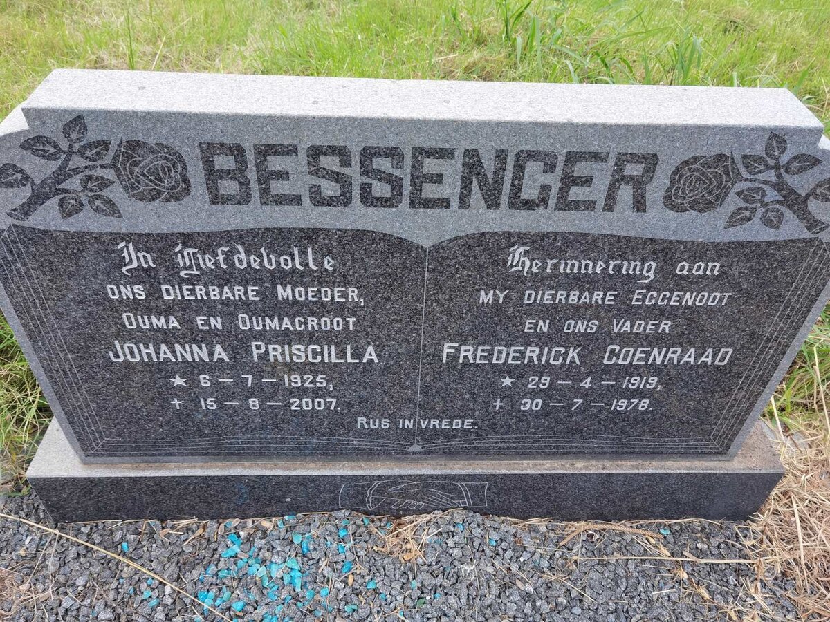 BESSENGER Frederick Coenraad 1919-1978 &amp; Johanna Priscilla 1925-2007