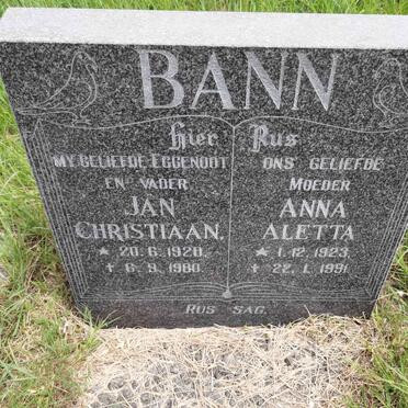 BANN Jan Christiaan 1920-1980 &amp; Anna Aletta 1923-1991