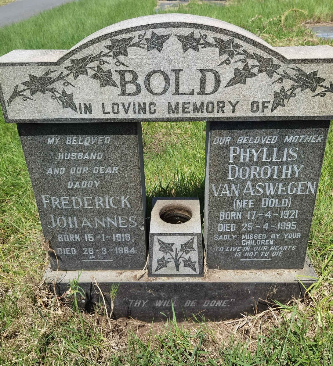 BOLD Frederick Johannes 1918-1964 &amp; Phyllis Dorothy VAN ASWEGEN nee BOLD 1921-1995