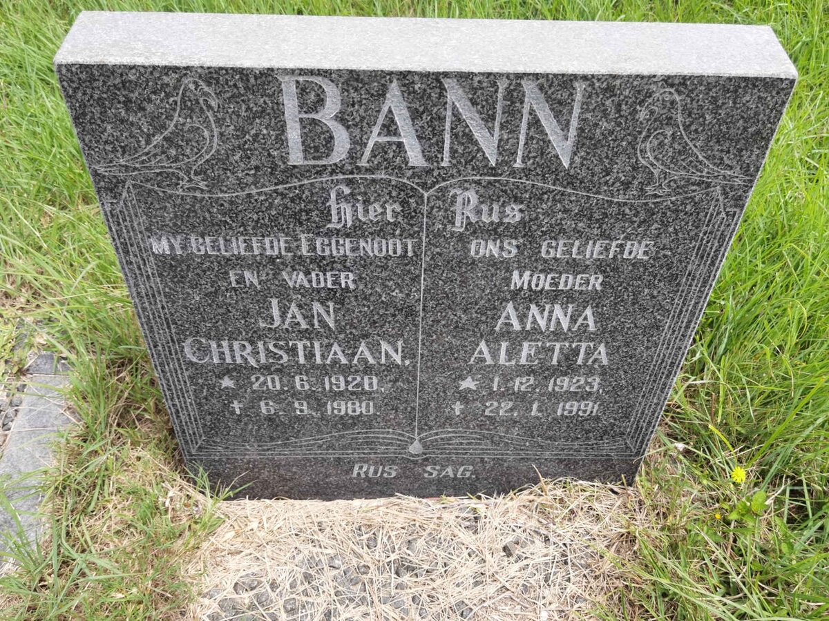 BANN Jan Christiaan 1920-1980 &amp; Anna Aletta 1923-1991