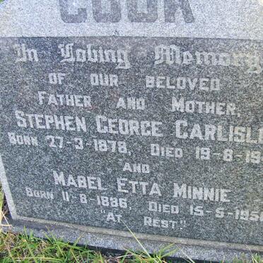 COOK Stephen George Carlisle 1878-1949 &amp; Mabel Etta Minnie 1886-1950