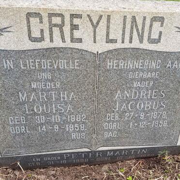 GREYLING Andries Jacobus 1878-1956 &amp; Martha Louisa 1882-1958 :: GREYLING Peter Martin 1908-1958