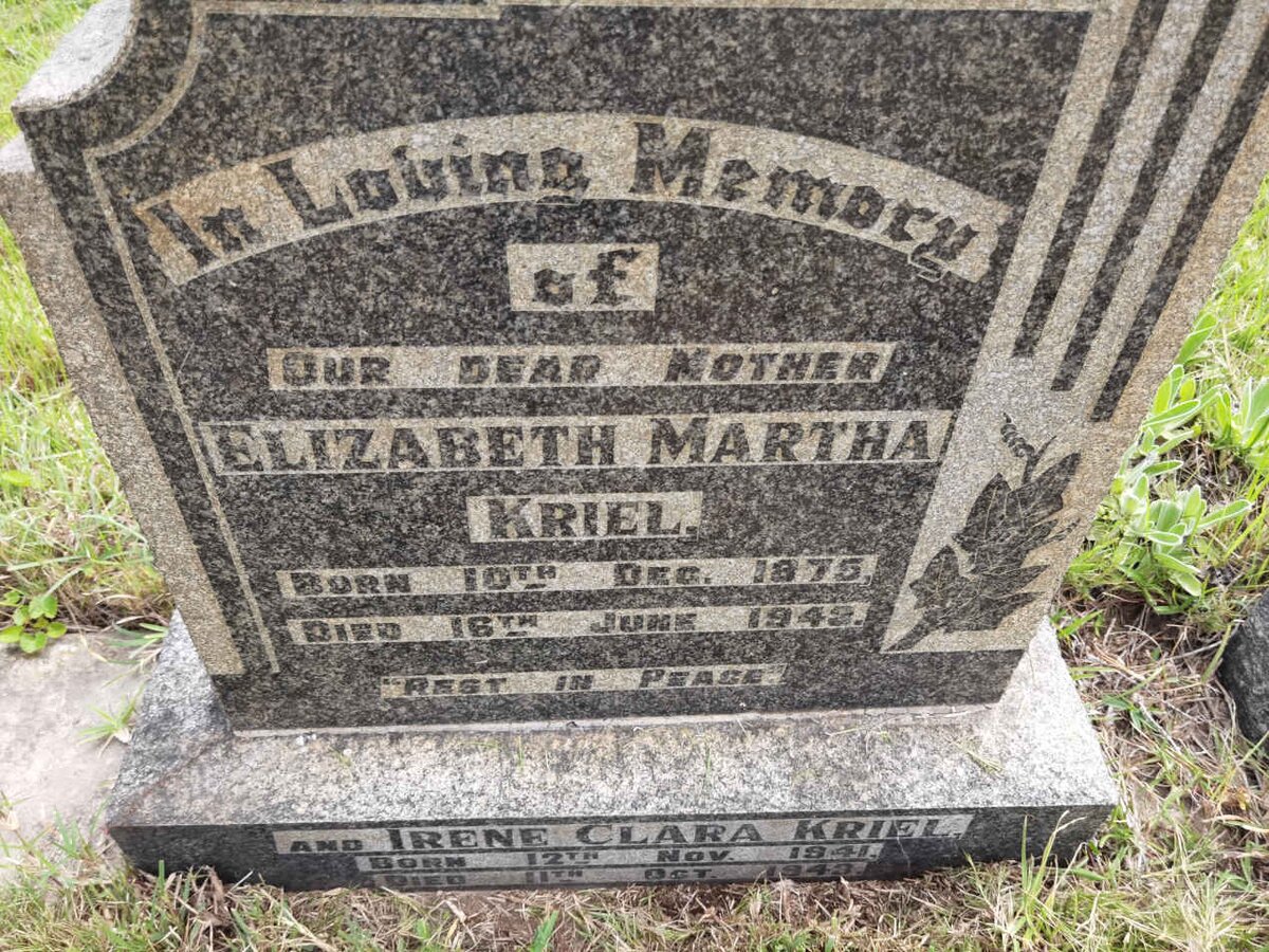 KRIEL Elizabeth Martha 1875-1943 :: KRIEL Irene Clara 1941-1943