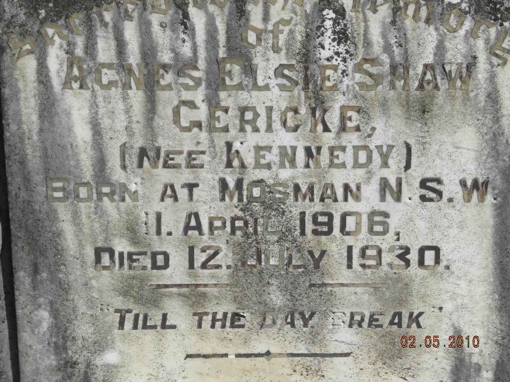 GERICKE Agnes Elsie Shaw nee KENNEDY 1906-1930