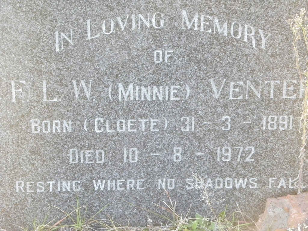 VENTER F.L.W. nee CLOETE 1891-1972