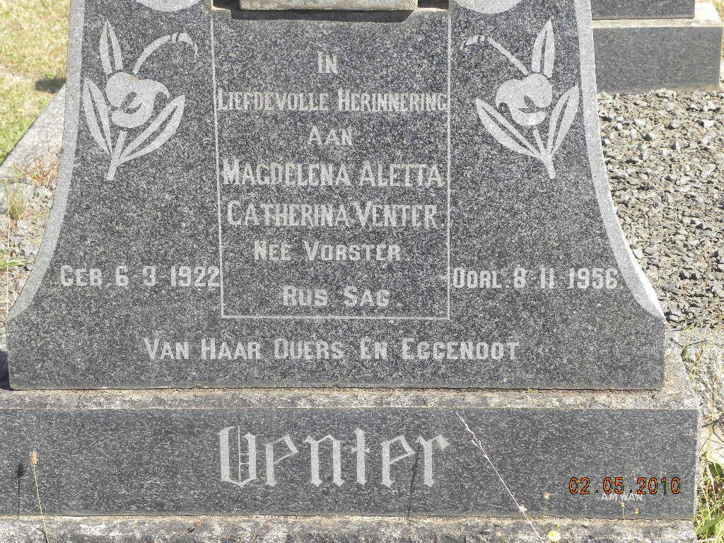 VENTER Magdelena Aletta Catherina nee VORSTER 1922-1956