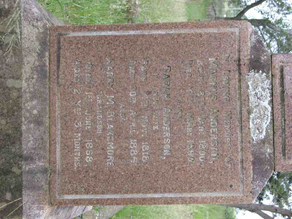 ANDERSON Magnus 1800-1890 &amp; Sarah 1818-1884 :: BLACKMORE Harry M. -1868